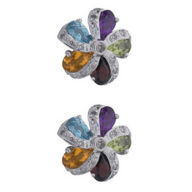 Diamond Earrings |  9ct White Gold Earrings | Multi Colour Gemstones Stud Earrings