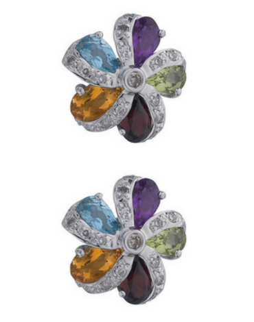 Diamond Earrings |  9ct White Gold Earrings | Multi Colour Gemstones Stud Earrings