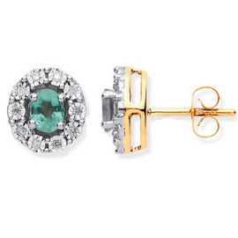 Diamond Earrings |  9ct Yellow Gold Earrings | | Emerald Oval Stud Earrings