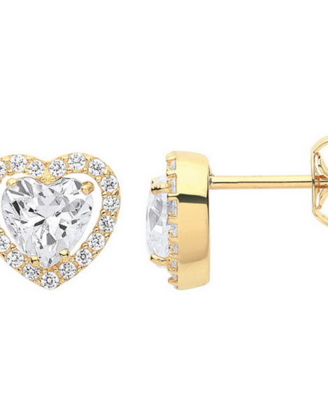 Cubic Zirconia Halo Stud Earrings  | 9 Carat Heart Gold CZ Earrings