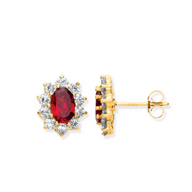 Ruby and Cubic Zirconia Stud Earrings  | 9 Carat Ruby stud Earrings | UK Hallmarked Solid Gold Earrings