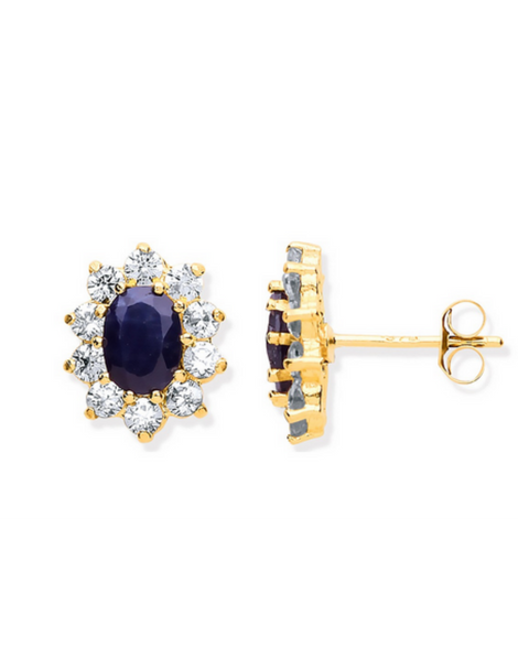 9 Carat Gold Sapphire and Cubic Zirconia Stud Earrings  | 9 Carat Sapphire stud Earrings | UK Hallmarked Gold Earrings