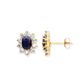 9 Carat Gold Sapphire and Cubic Zirconia Stud Earrings  | 9 Carat Sapphire stud Earrings | UK Hallmarked Gold Earrings