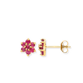 Stud Earrings  Ruby | 9 Carat Ruby Stud Flower Earrings | 9ct Solid Gold