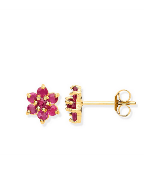 Stud Earrings  Ruby | 9 Carat Ruby Stud Flower Earrings | 9ct Solid Gold